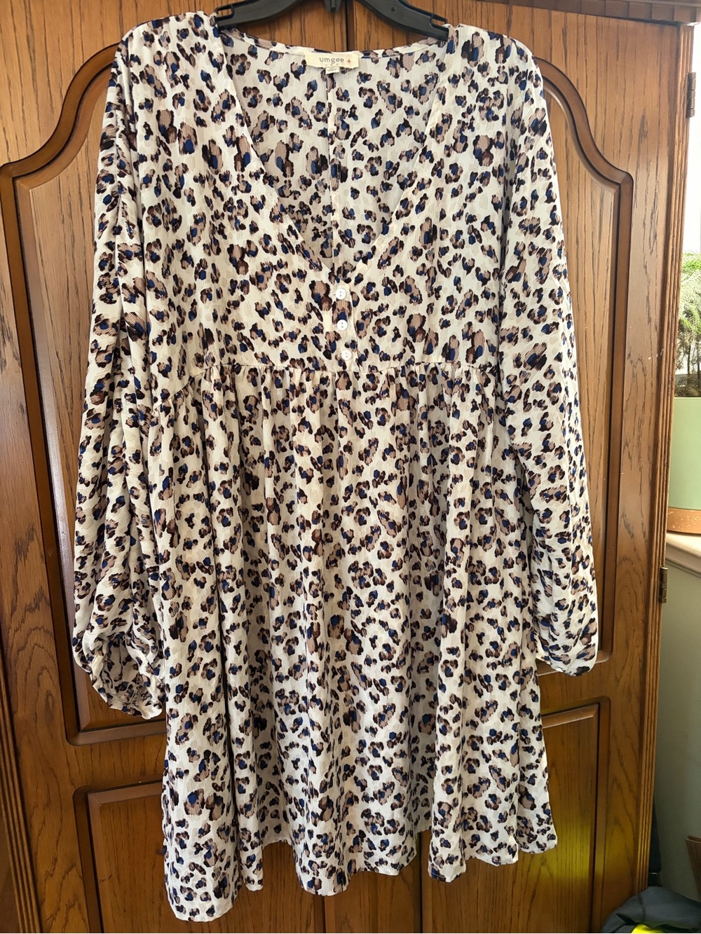 Umgee Cream Animal Print Long Sleeve Dress with Blue and Brown Spots
